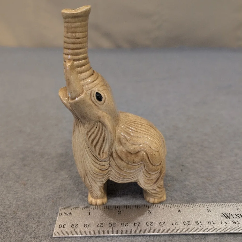 Vintage 1979 Terrence Enterprises Ceramic Elephant Figurine Trunk Up Tan Glaze - Picture 3 of 5